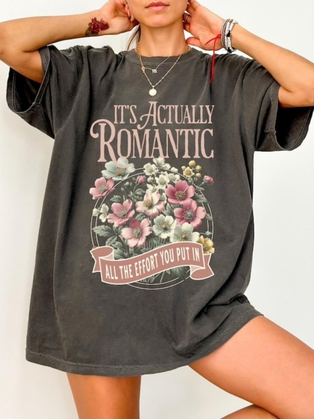 Romantic Graphic Tee - Charcoal with Pink Floral